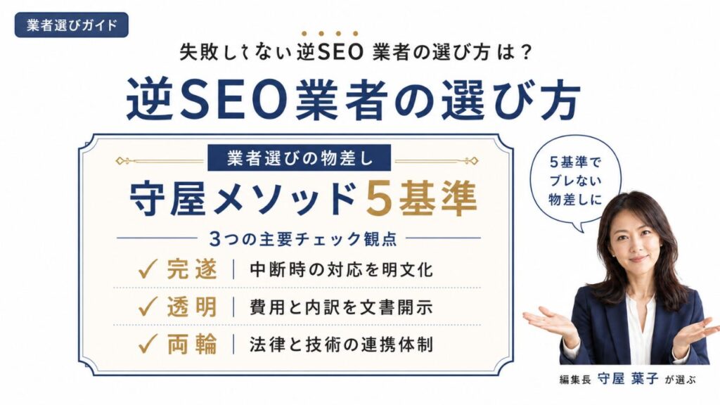 逆SEO業者の選び方｜守屋メソッド5基準で業者を見極めるチェックリストを解説するインフォグラフィック