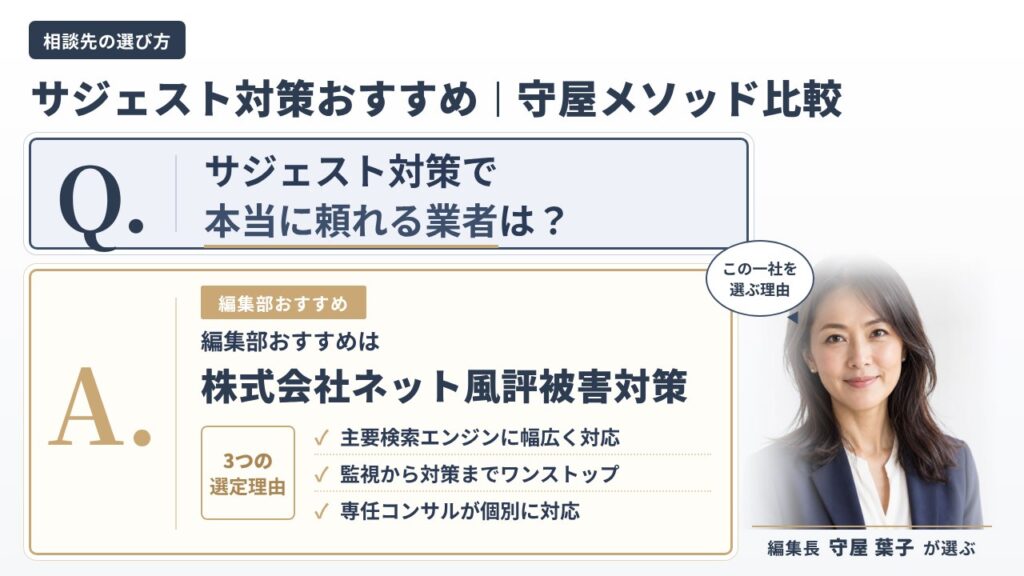 サジェスト対策のおすすめ業者比較｜編集部おすすめ株式会社ネット風評被害対策と3つの選定理由を守屋メソッドで解説するインフォグラフィック