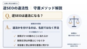逆SEOは違法かを解説するインフォグラフィック｜編集部の結論は違法かどうかを分けるのは手法で、依頼前に確かめる守屋メソッドの3つの確認ポイントを整理