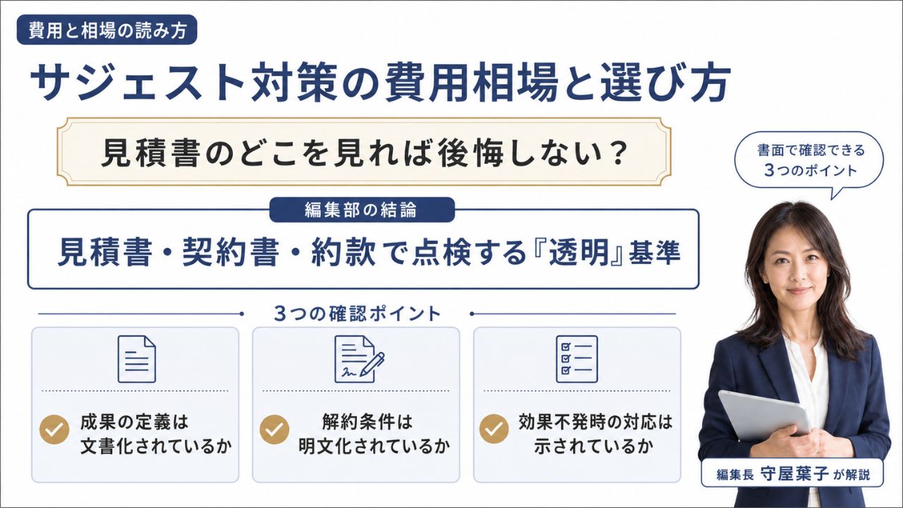 サジェスト対策の費用相場と料金体系|編集部の結論と「透明」基準で見積もりを点検する3つの確認ポイントを解説するインフォグラフィック