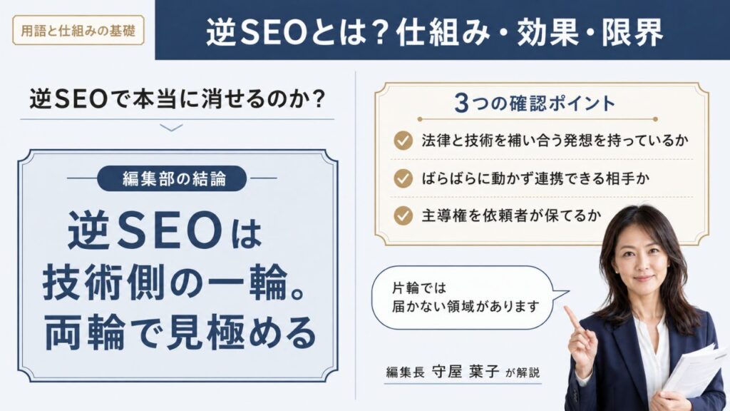 逆SEOとは？仕組み・効果・限界を風評被害対策の視点で解説｜編集部の結論「逆SEOは技術側の一輪。両輪で見極める」と3つの確認ポイントを示すインフォグラフィック